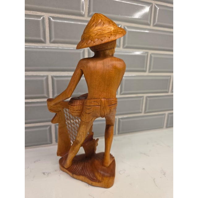 1950s Mid-Century Balinese Art Deco Seated Fisherman With Cast Net Sculpture For Sale - Image 5 of 12