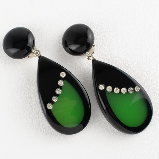 Pierre Cardin Jeweled Dangle Clip Earrings Black and Green Resin For Sale In Atlanta - Image 6 of 8