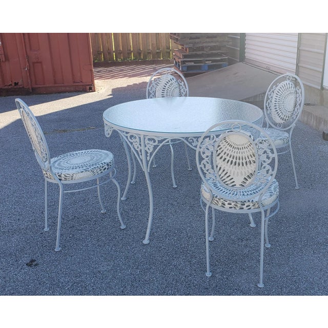 Metal Ornate Wrought Iron Patio Table With Frosted Glass Top & 4 Chairs For Sale - Image 7 of 13