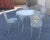 Metal Ornate Wrought Iron Patio Table With Frosted Glass Top & 4 Chairs For Sale - Image 7 of 13