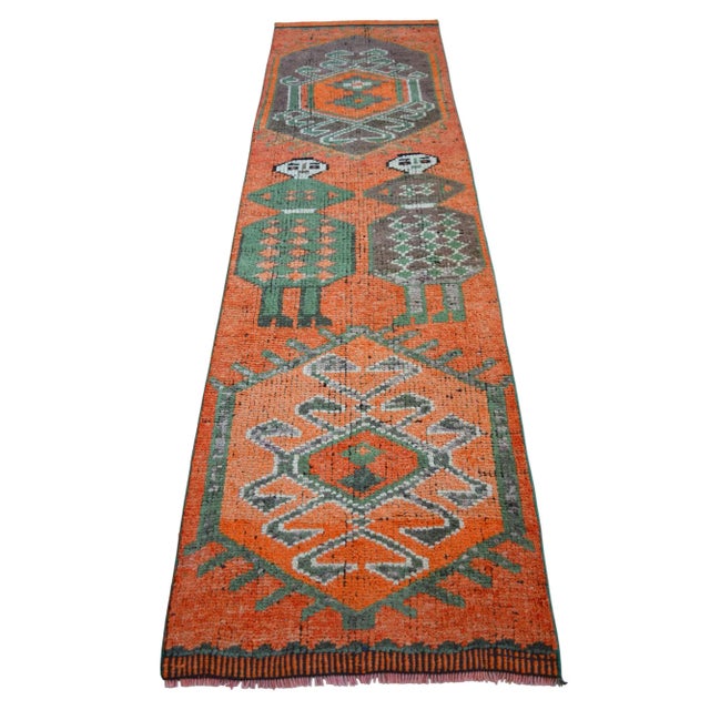 Mythological Runner Rug Hand-Knotted 2'9"x9'6" Vibrant Orange Turkish Rug Kitchen Runner Extraterrestrial Motif For Sale - Image 6 of 14