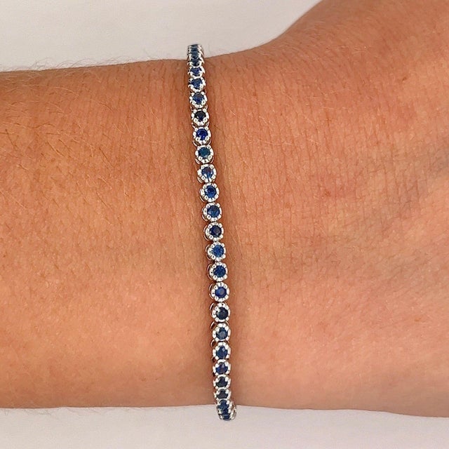 Natural 1.5 Carat Blue Sapphire in 14k White Gold Ball Style Tennis Bracelet For Sale - Image 4 of 5