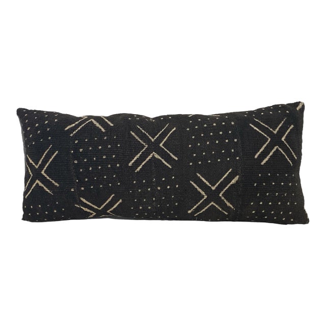 African Vintage Black & White Mud Cloth Lumbar Pillow Mali 19" W For Sale