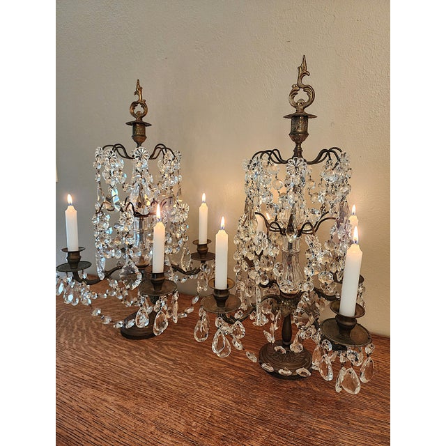 Exquisite Pair of Vintage Crystal Girandole Candelabra 5 Light Mantel Garnitures For Sale - Image 14 of 18