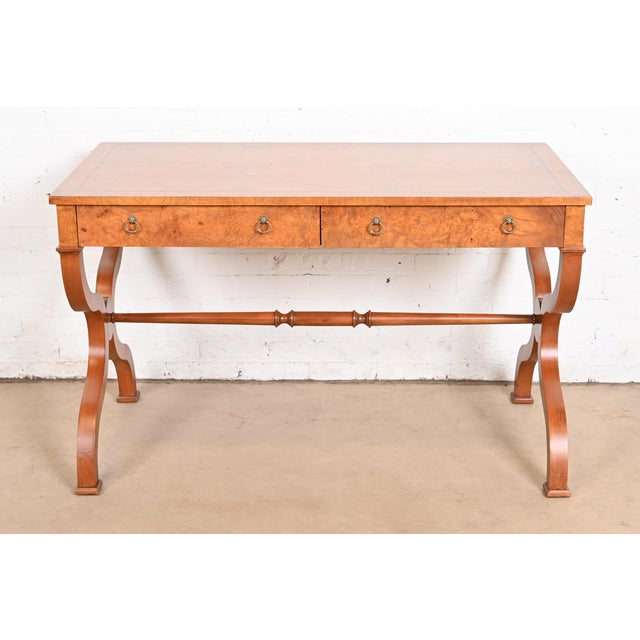 Neoclassical Baker Furniture Regency Burl Wood Writing Desk or Library Table, Newly Refinished For Sale - Image 3 of 12