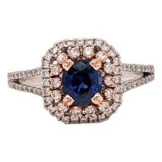 Natural Ceylon Blue Sapphire and Diamond Ring: Solid 14k Dual Gold, 6x5mm, Size 6.75 For Sale