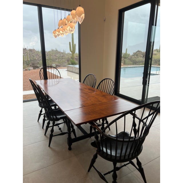 Salisbury 72 inch tavern table tiger top and black crackle base with company boards, 2 Wallace Nutting black crackle...