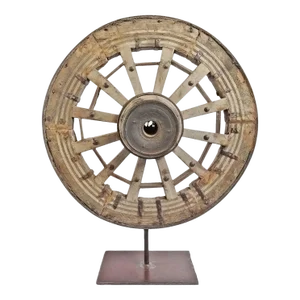 Mid 20th Century Ox Cart Wheel on Stand