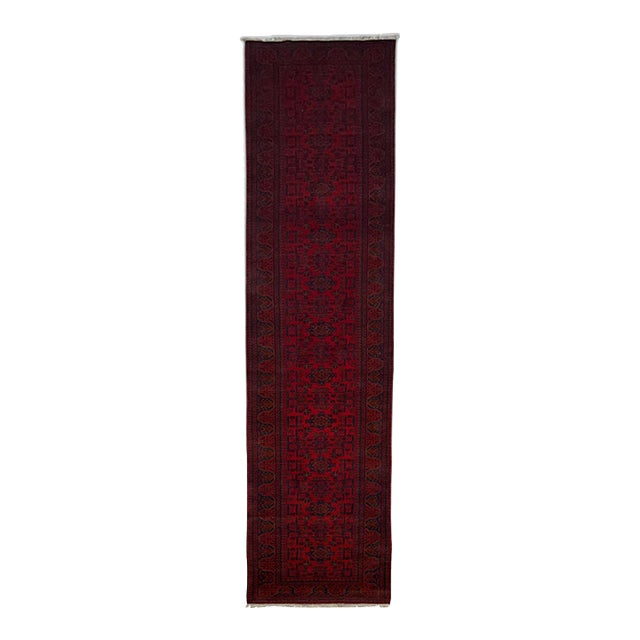 Extra-Long Red & Navy Turkmen Bukhara-Style Wool Runner, 2'8" X 19'3" For Sale