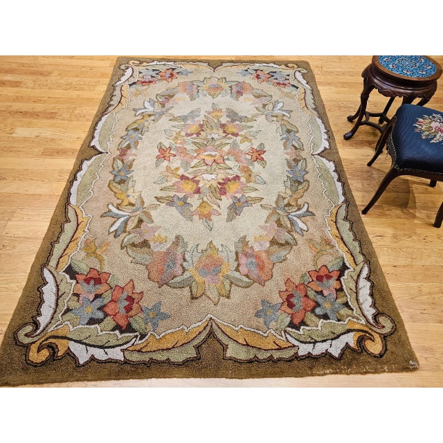 Farmhouse Vintage American Hand Hooked Rug, Floral Pattern in Fall Colors, Folk Art Rug, 6’ X 9’ For Sale - Image 3 of 12
