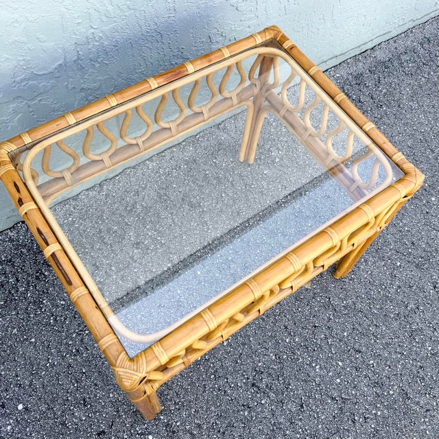 Boho Chic Serpentine Rattan Glass Top Side Table For Sale - Image 4 of 6