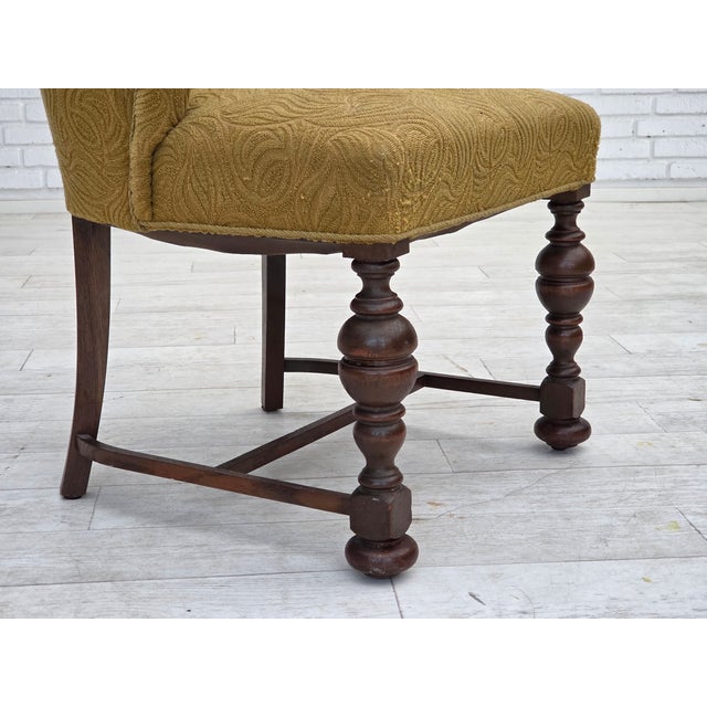 1950s, Danish lounge chair. Original green furniture velour, dark oak wood. Original good condition: no smells, no stains...