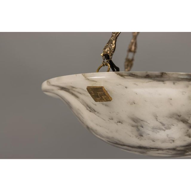 French Art Deco White Alabaster Pendant Light with Dark Veining, 1920 For Sale - Image 10 of 18