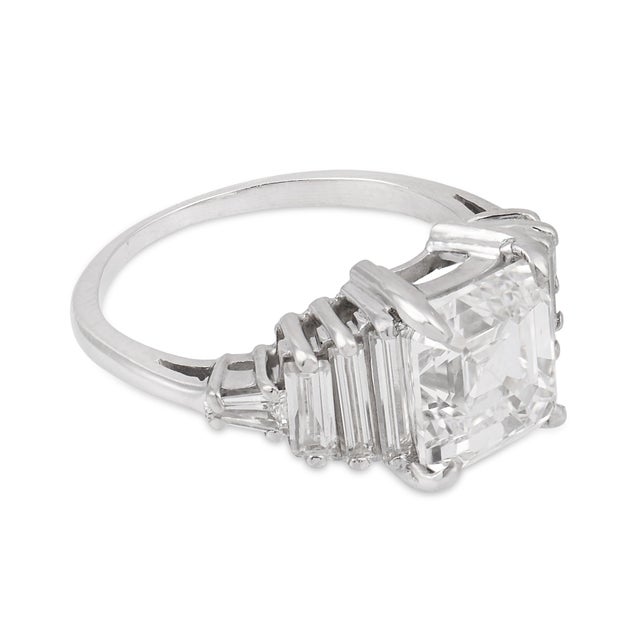 1950s Mid Century Gia 2.70 Carat Square Emerald Cut Diamond Platinum Engagement Ring, Size 4 For Sale - Image 4 of 7