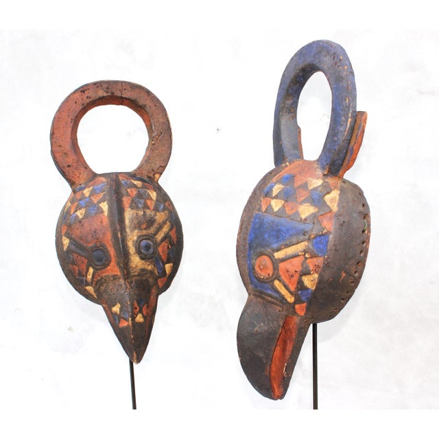 Hand-Carved African Bird Masks with Polychrome Pigments, Mid-20th Century, Set of 2 For Sale - Image 4 of 17