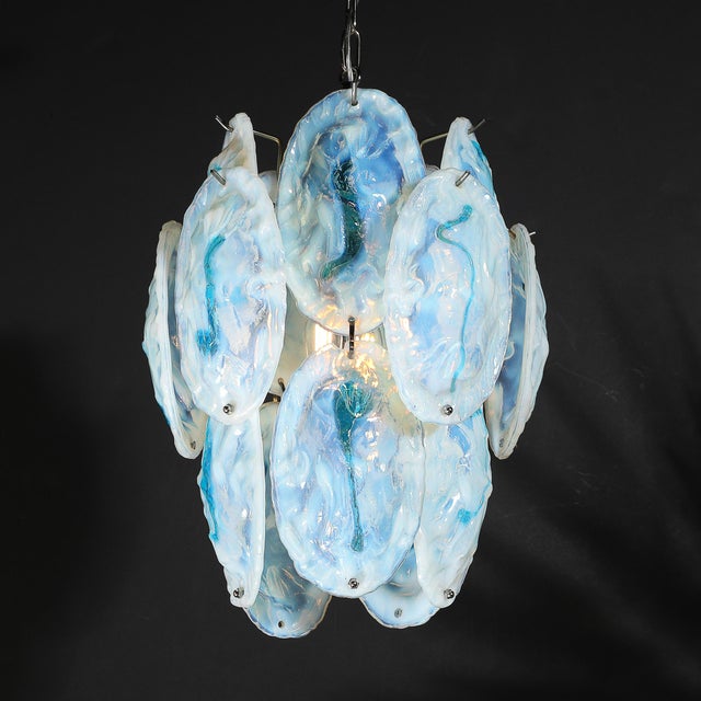 Mid-Century Hand-Blown Murano Opalescent & Cerulean Detail Glass Chandelier For Sale - Image 16 of 18
