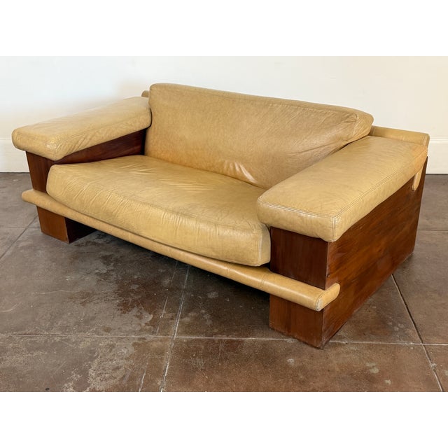 Vintage 1980’s Italian and Walnut Sculptural Leather Loveseat For Sale - Image 10 of 18