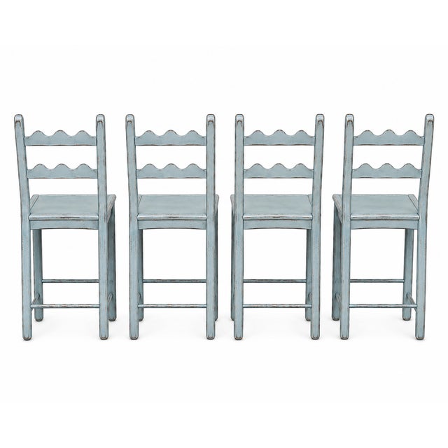 French Country Set of 4 Country French Counter Stools With Custom Antique French Coastal Cottage Blue Finish For Sale - Image 3 of 5