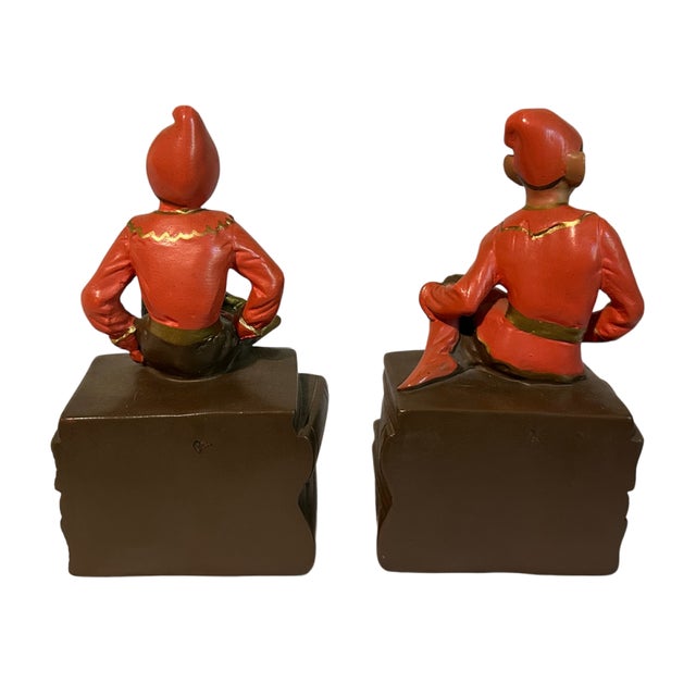 Alexander Backer Vintage 1950s Alexander Backer Chalkware Pixie Elf Bookends Pair - Original Sticker & Felt For Sale - Image 4 of 7