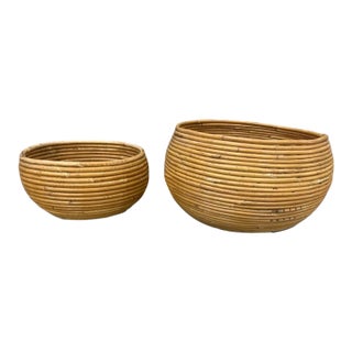 Pair of Vintage Organic Modern Reed Globe Planters on Casters From Studio Props West For Sale