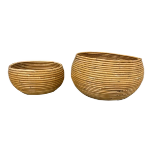 Pair of Vintage Organic Modern Reed Globe Planters on Casters From Studio Props West