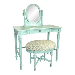 Vintage Vanity With Coordinating Stool Painted in an Ethereal Blue With New Upholstery For Sale
