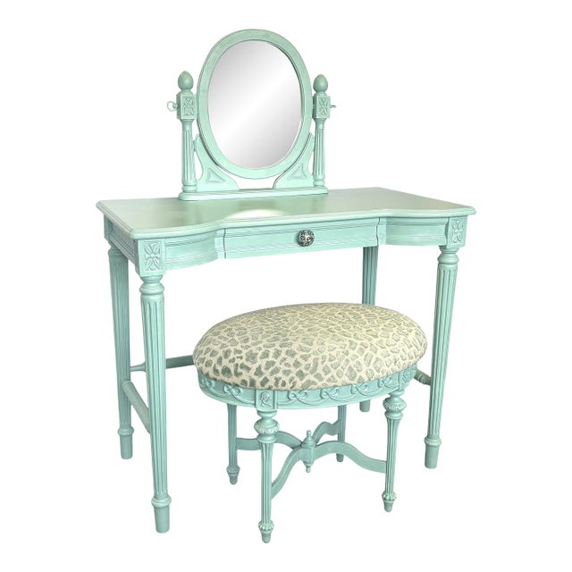Vintage Vanity With Coordinating Stool Painted in an Ethereal Blue With New Upholstery For Sale