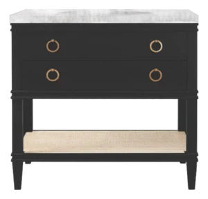 Matthew Izzo Home Cutler 36.5" Black Lacquer Single Porcelain Sink Bath Vanity With Brass Drawer Pulls and Marble Top