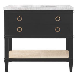 Matthew Izzo Home Cutler Black Lacquer Single Porcelain Sink Bath Vanity With Brass Drawer Pulls and Marble Top For Sale