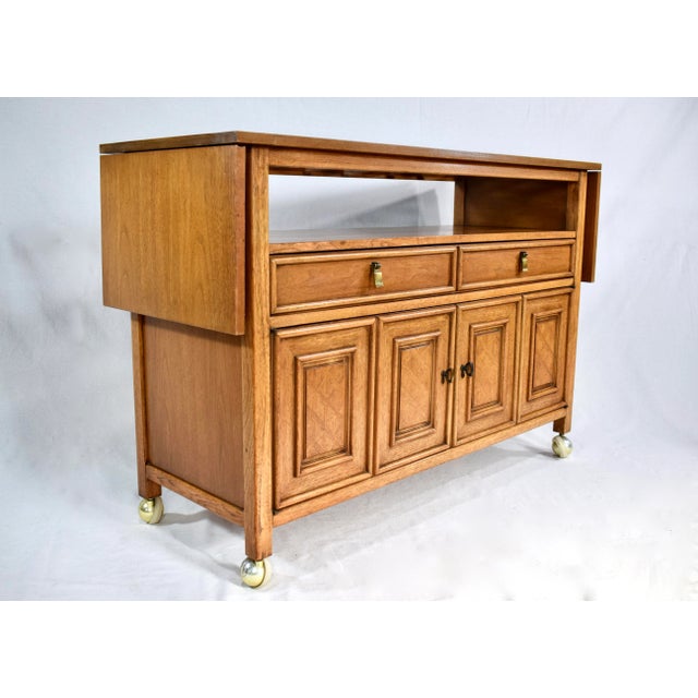 Wood Coastal Bar Cart Buffet Server Table on Brass Casters For Sale - Image 7 of 13