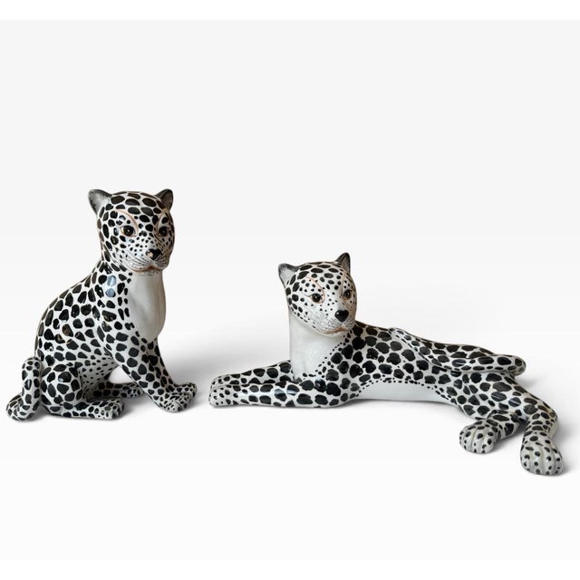 1970s Italian Black & White Majolica Snow Leopard Figurines – Pair For Sale - Image 4 of 12