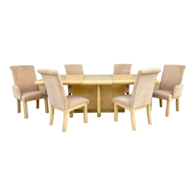 1970s Mid Century Faux Burl Wood Dining Room Set of 7 For Sale