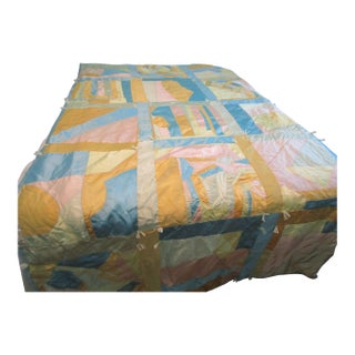 Vintage 60's Satin Crazy Quilt 15 Blocks Hand Tied Long Twin Percale Back Guc For Sale