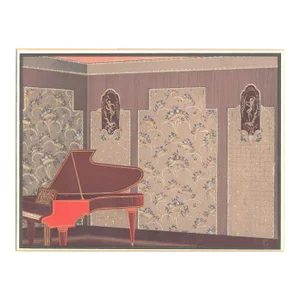 1920s French Art Deco Interior Wall Decor Design Lithograph-Piano Music Room Matted