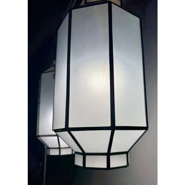 1990s 1990s Art Deco Style Frosted White Milk Glass & Bronze Octagonal Pendant - a Pair For Sale - Image 5 of 15