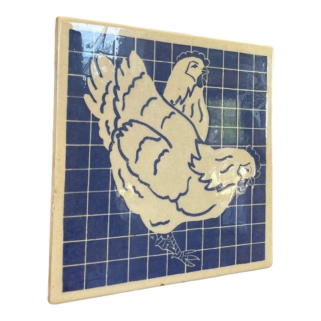 Vintage Blue Rooster Tile Coaster Motif Dish For Sale