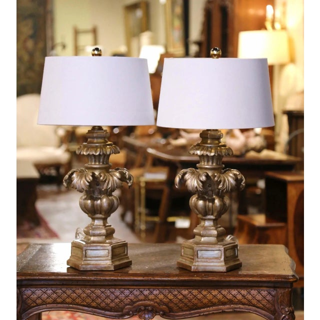 Pair of Mid-Century Italian Carved Silvered Table Lamps For Sale - Image 9 of 9