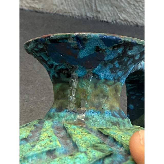 Mid-Century Modern Ewer Jug Sgraffito Lava Glaze Blue Green Red Itay Bitossi Aldo Londi Raymor For Sale - Image 3 of 8