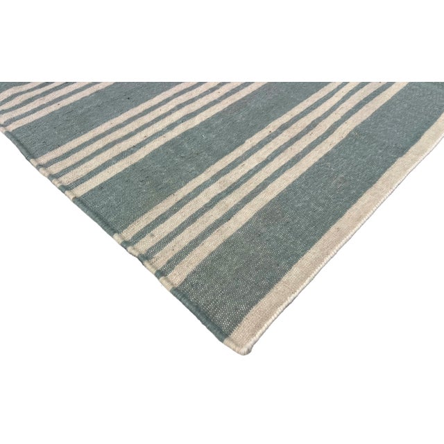 Mid-Century Modern Handmade Woolen Flat Weave Rug, Blueish Grey and White Striped Wool Rug - 8'x10' For Sale - Image 3 of 13