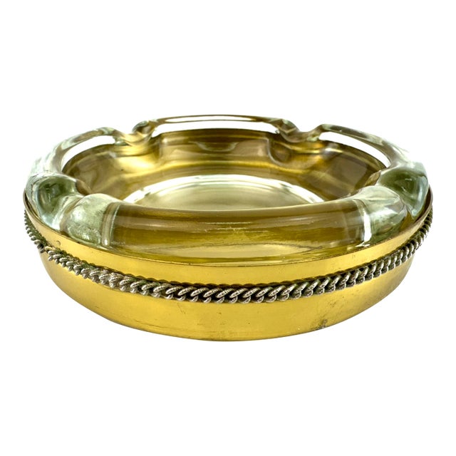 1960s Mid-Century Italian Glass and Brass Ashtray With Twisted Rope Detail For Sale
