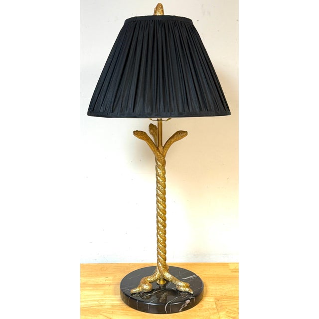Pair Italian Neoclassical Gilt Metal Three-Serpent Table Lamps, Marble Bases For Sale - Image 9 of 13