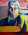 Bold abstract figurative of a figure in a blue scarf by San Francisco artist Michael William Eggleston (American, 20th...