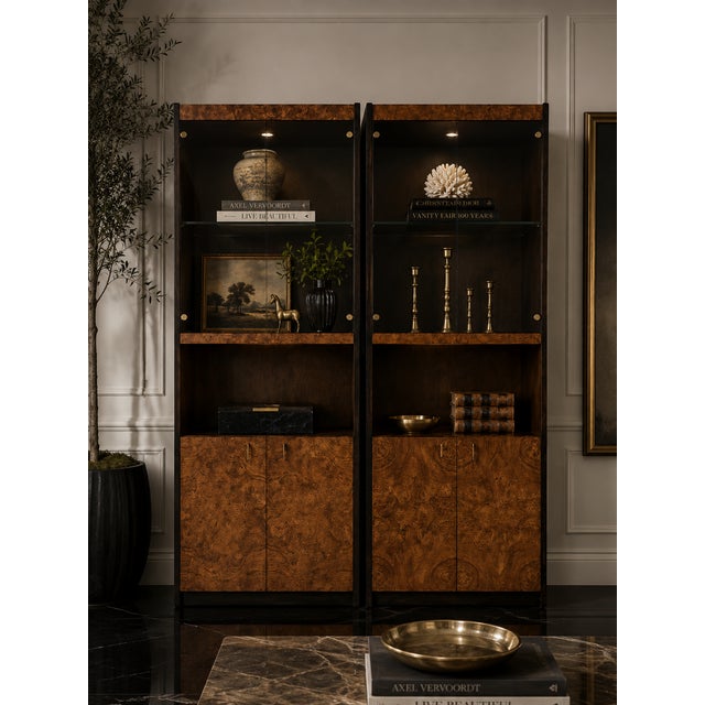 Striking pair of vintage Century Furniture illuminated display cabinets, purchased in 1975 in Allentown, Pennsylvania....