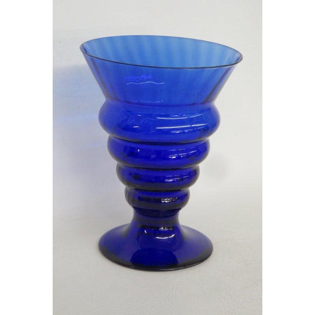 Art Deco Cobalt Blue Ribbed Glass Goblet Vase Vessel With Flared Rim Art Deco Style 4878b For Sale - Image 3 of 8