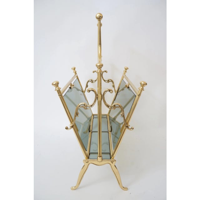 Metal Mid-Century Maison Bagues Magazine Rack in Polished Brass and Blue-Gray Smoke Glass For Sale - Image 7 of 11