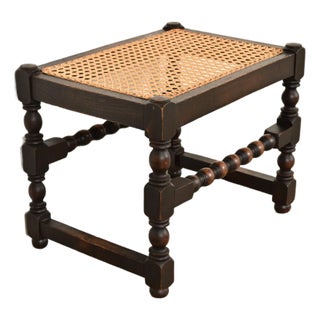 Berkey & Gay Style Antique English Jacobean Carved Walnut and Cane Stool or Ottoman, Circa 1920s For Sale