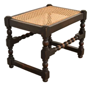 Berkey & Gay Style Antique English Jacobean Carved Walnut and Cane Stool or Ottoman, Circa 1920s