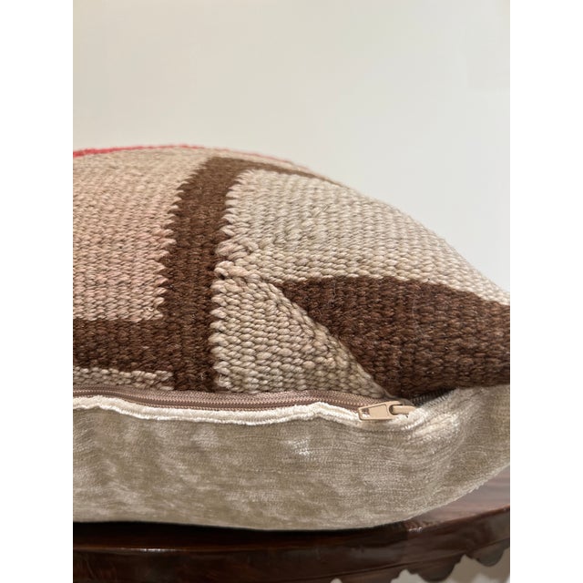 Textile Velvet Back Pillow Made from Antique Handwoven Kilim Rug For Sale - Image 7 of 7