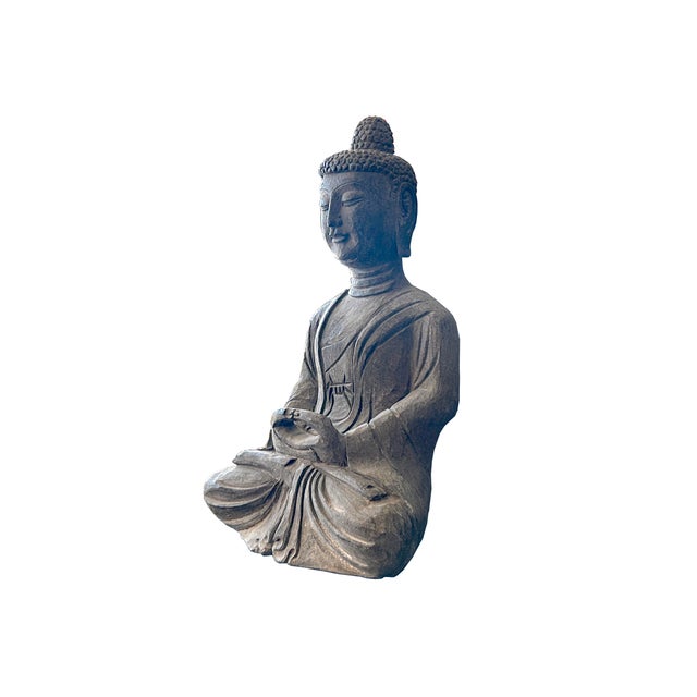 18.5" Gray Brown Distressed Marks Stone Sitting Buddha Statue For Sale - Image 4 of 10