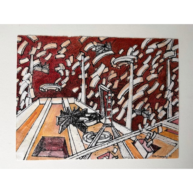 A bold abstract mixed-media work by Ruth Esserman, signed and dated 2003. Graphic architectural forms in brick red, ochre,...